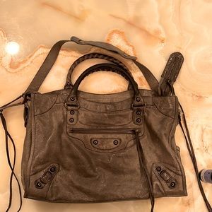 Balenciaga city bag. Grey leather w brass studs